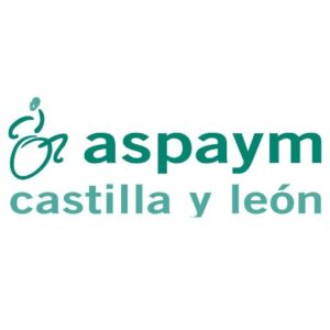 logo de aspaym castilla y león (dibujo de una persona en silla de ruedas y el texto en verde)