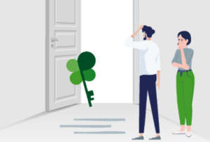 dibujo de dos personas frente a una puerta abierta con una llave con forma de trébol