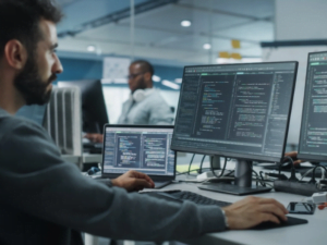 persona trabajando con inteligencia artificial con varios monitores