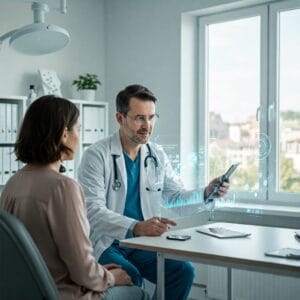 un médico y una paciente consultan un informe hecho con inteligencia artificial