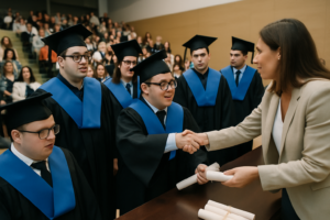 Un grupo de graduados, vestidos con togas negras y bandas azules, recibe sus diplomas mientras estrechan la mano de una persona en una ceremonia de graduación.