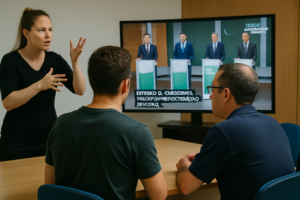 Una persona interpretando en lenguaje de señas mientras dos hombres observan un debate político en la televisión.