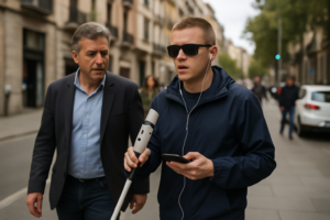 Un hombre joven utilizando un bastón para personas con discapacidad visual camina por una calle concurrida mientras escucha música en sus auriculares.