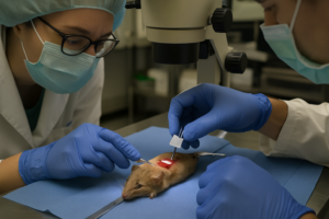 Dos personas con guantes azules y mascarillas realizan una cirugía en un ratón en un entorno de laboratorio.