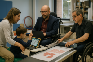 En la imagen, un grupo de personas participa en una sesión colaborativa utilizando tecnología avanzada, incluyendo un tablet y un escáner, en un entorno laboral inclusivo.
